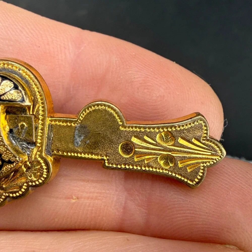 Vintage Victorian Bar Brooch Gold Tone Heraldic Crest Etched